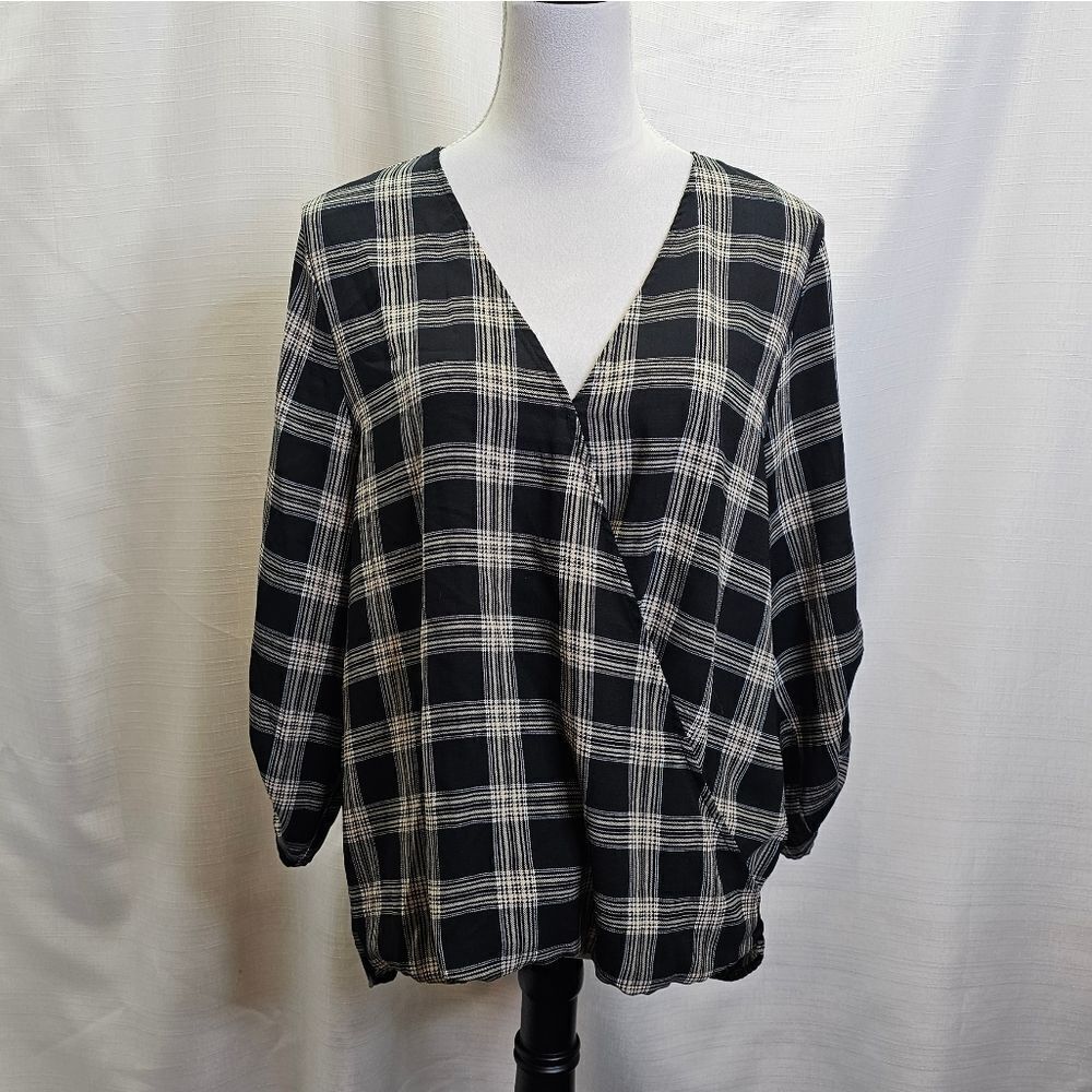 West Kei Black Plaid Surplice Faux Wrap Blouse Size XL